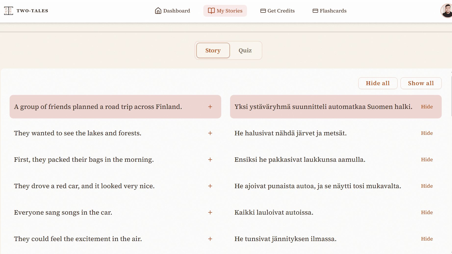 TwoTales AI story generator interface showing personalized language learning stories with interactive quizzes and grammar practice