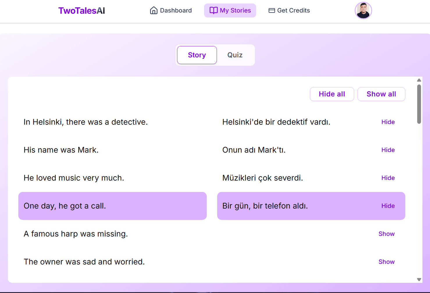 TwoTales AI story generator interface showing personalized language learning stories with interactive quizzes and grammar practice